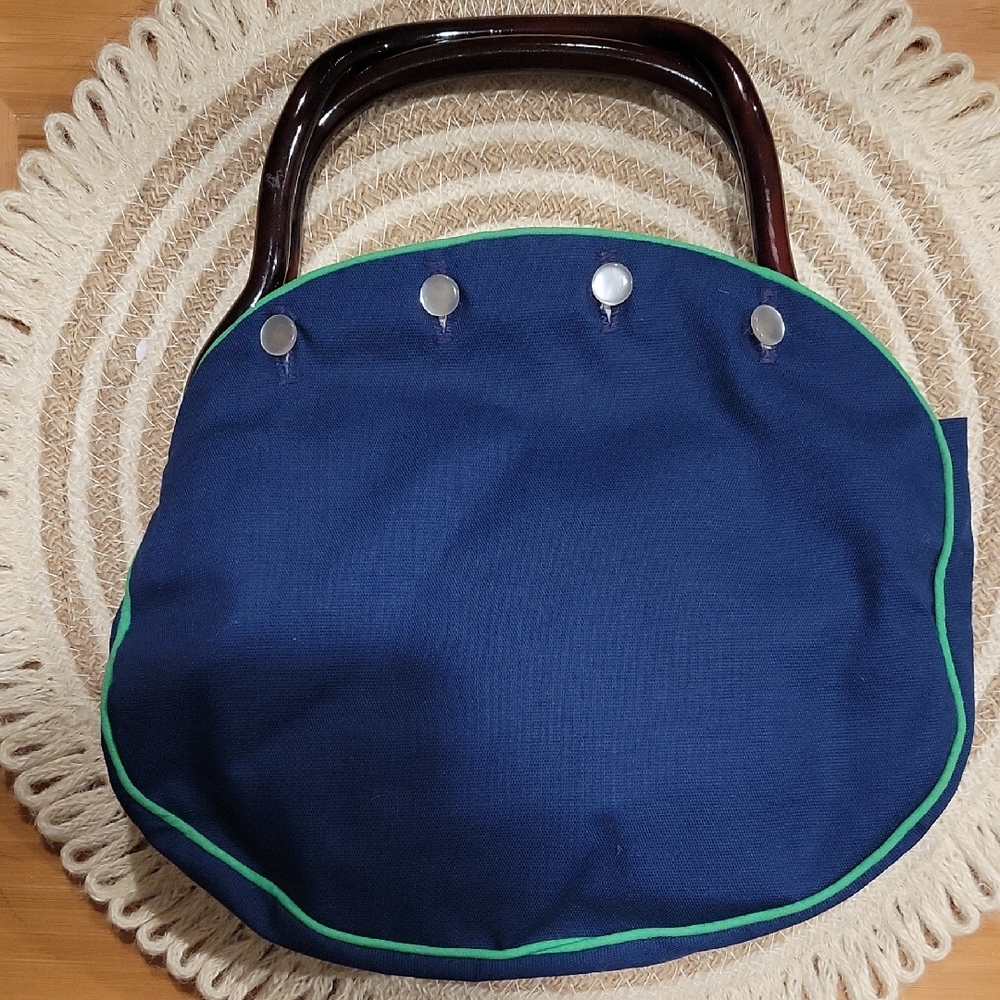 VINTAGE Jeanne Bouchever Navy Canvas Round Tote with Green Trim